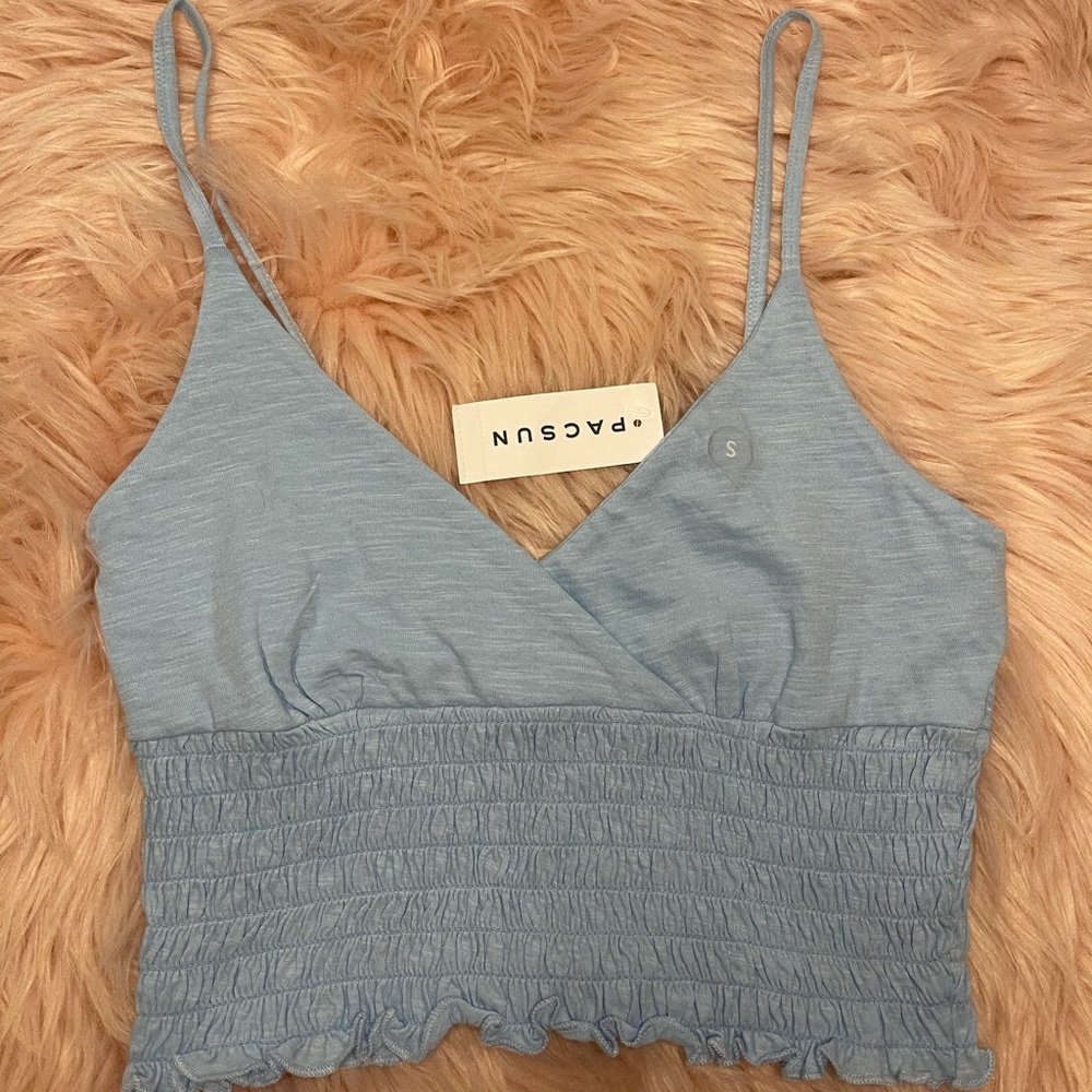 BRANDY MELVILLE PACSUN ME TO WE CROP TOP BLUE TANK RUFFLED TANK CROP TOP NWT